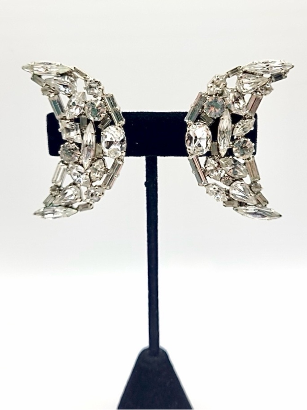 Vintage Rhinestone Crescent Moon Clip-On Earrings Silver Tone Statement